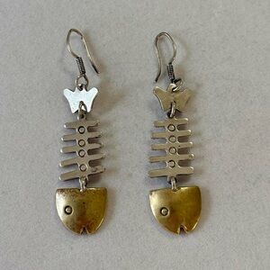Vintage Laton Taxco 925 Sterling Silver & Brass Fish Bone Dangly Earrings